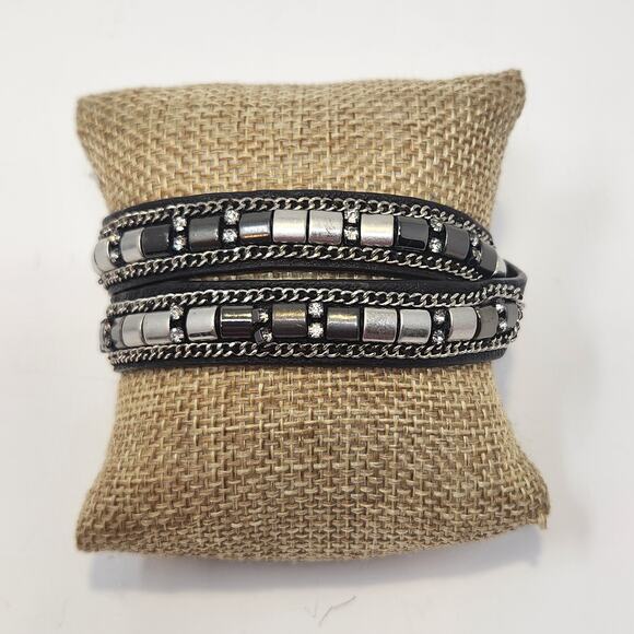 Stella and Dot Cady Wrap Leather Bracelet Black Silver Adjustable Edgy Biker - Picture 1 of 5